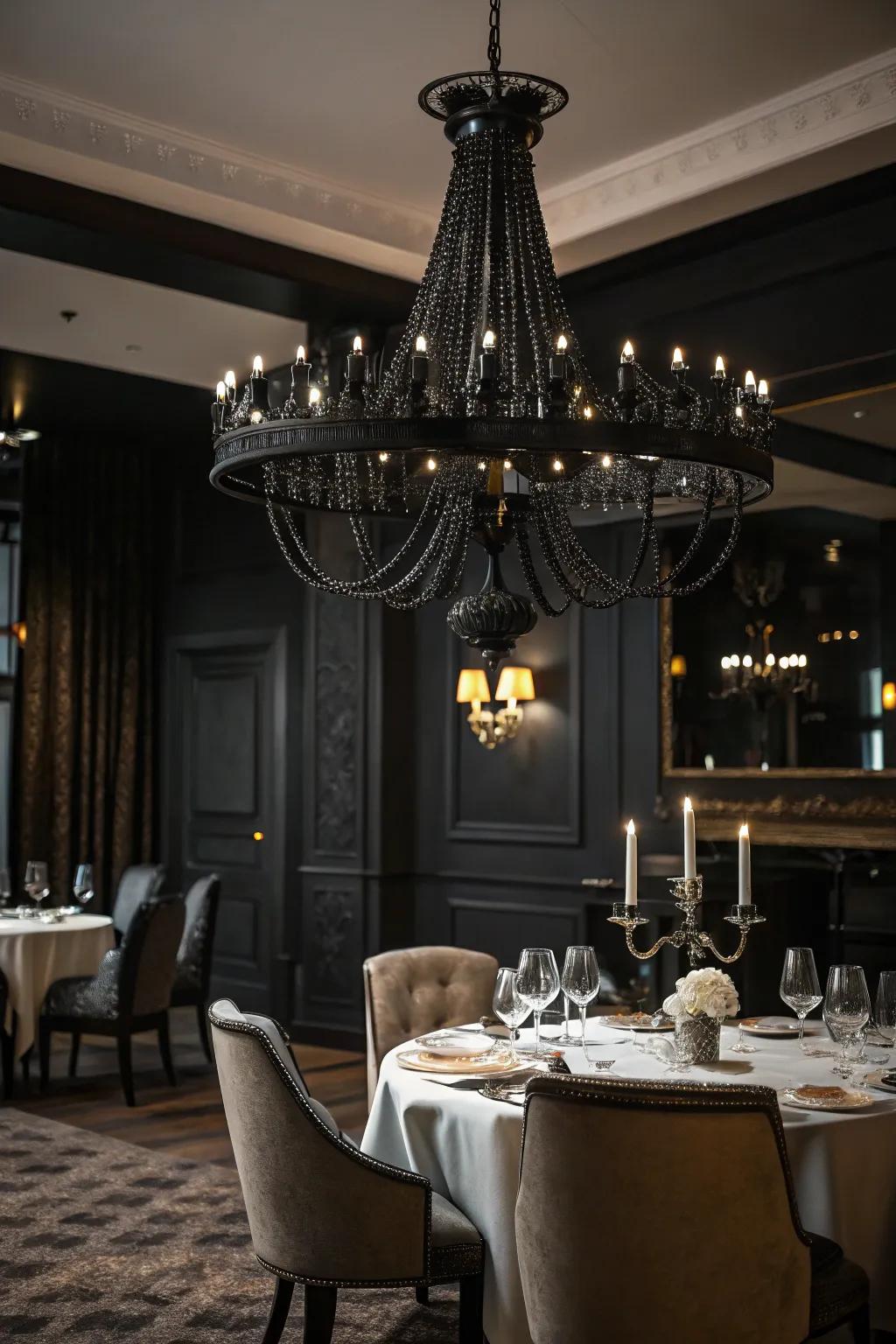 Monochrome chandeliers make bold statements.