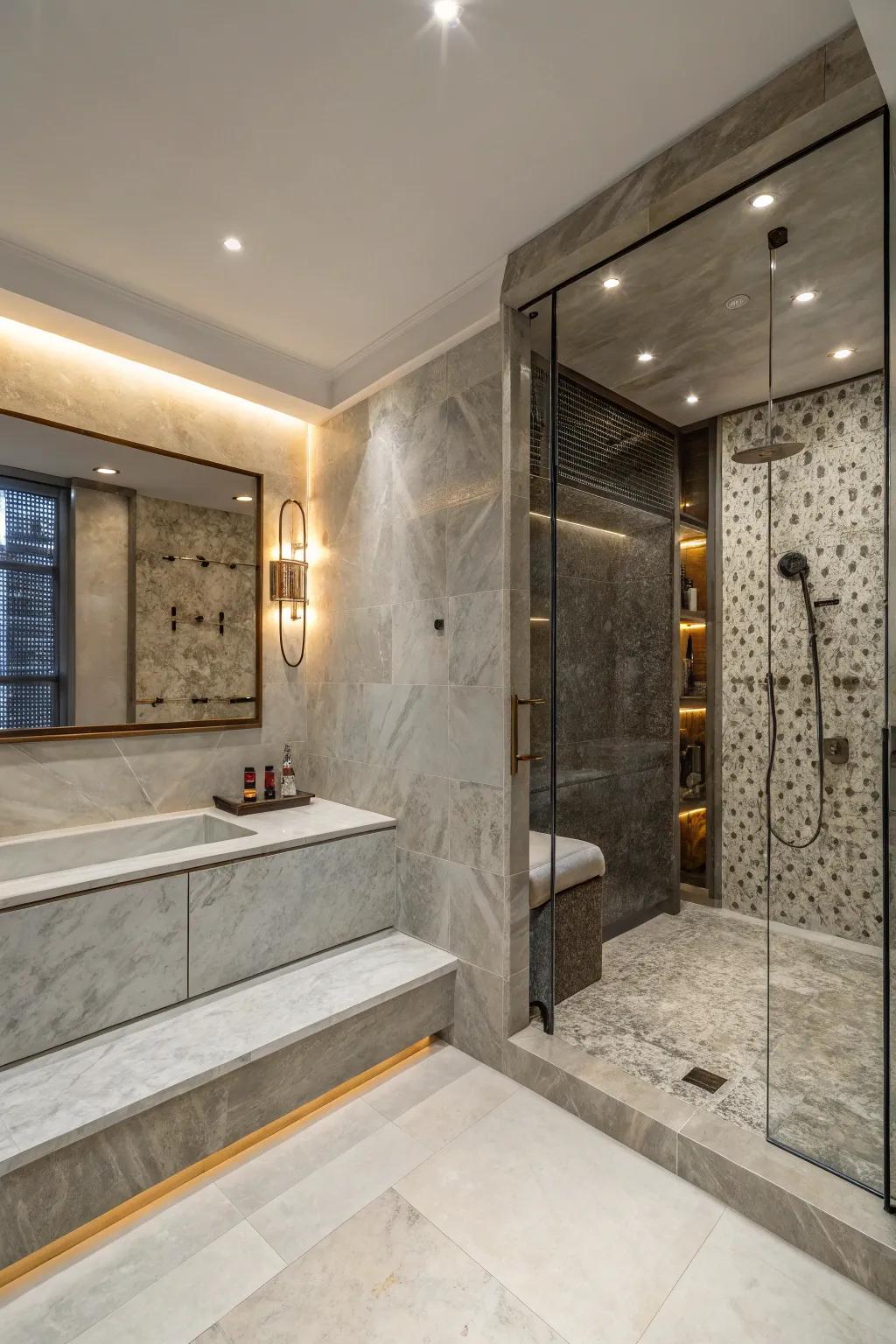 A luxurious fusion of concrete and marble in a modern shower.