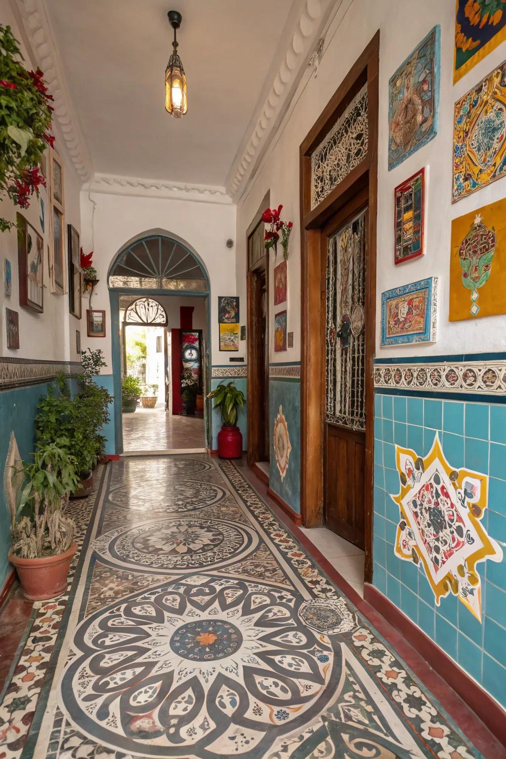 Patterned encaustic tiles add an artistic flair to this vibrant entryway.