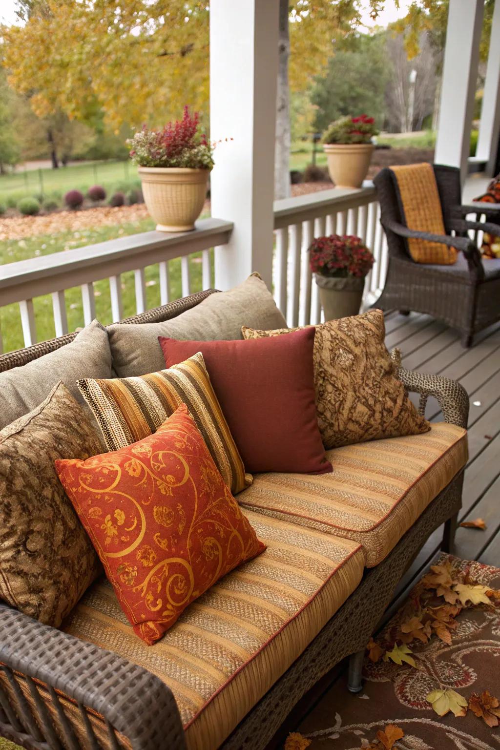 Accent pillows in autumn hues add coziness to a porch.