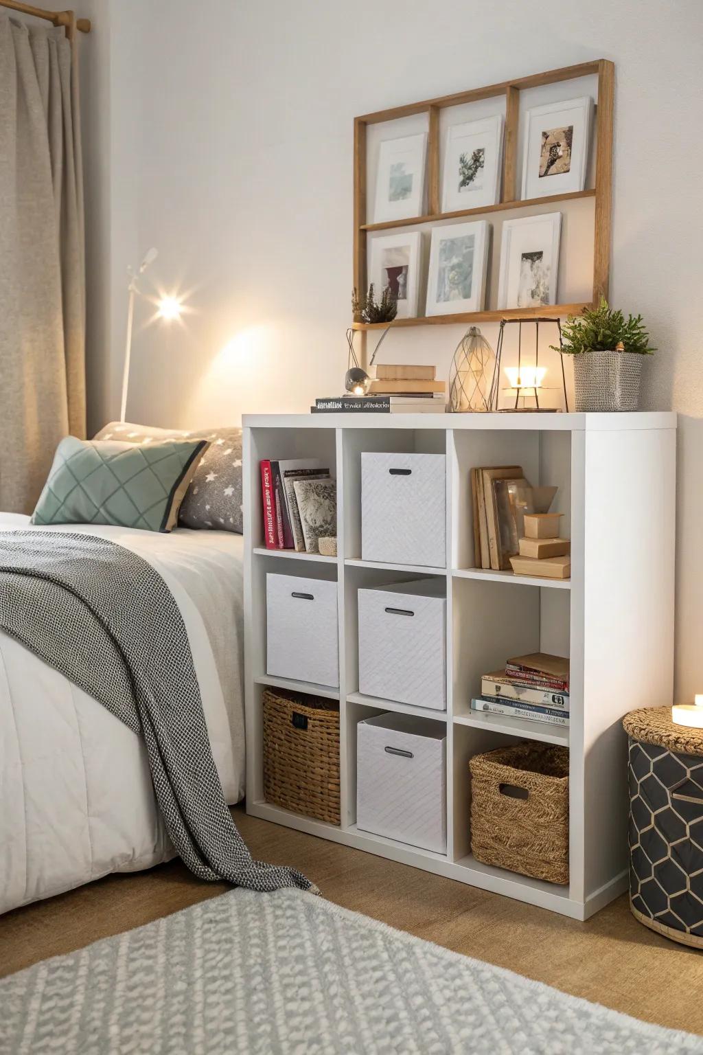 Stylish storage solutions keeping the bedroom organized and tidy.