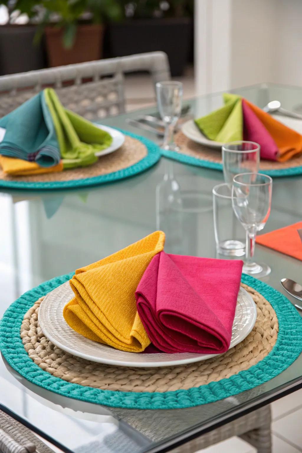 Accent colors through napkins and placemats enliven a glass dining table setting.