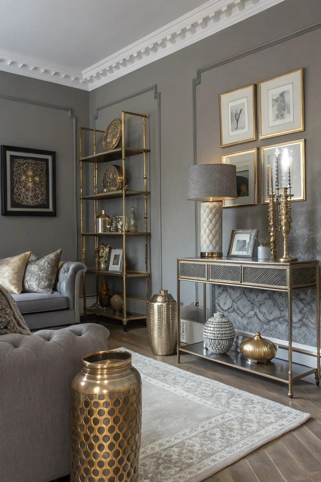 Metallic accents add luxury to a gray living room.