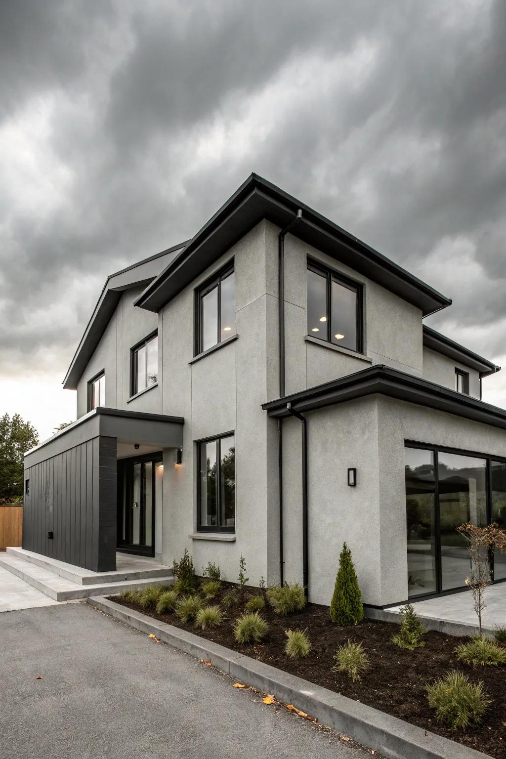 A modern house with a monochrome grey palette, elegantly accented by black trim.