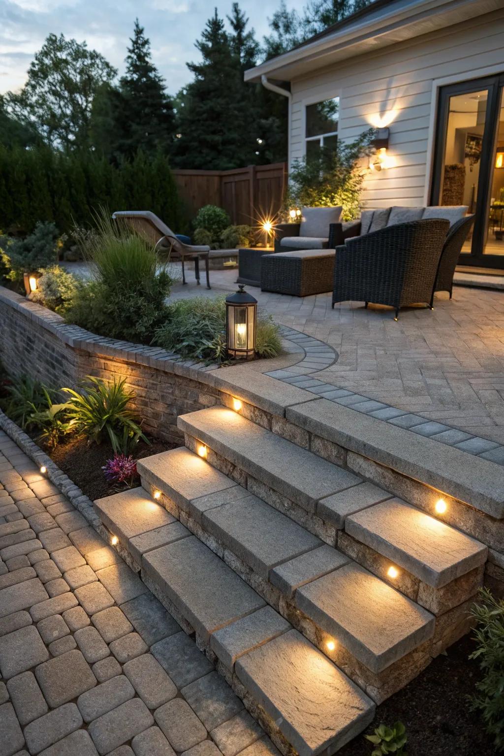 Paver lights providing an elegant and seamless lighting solution for outdoor steps.