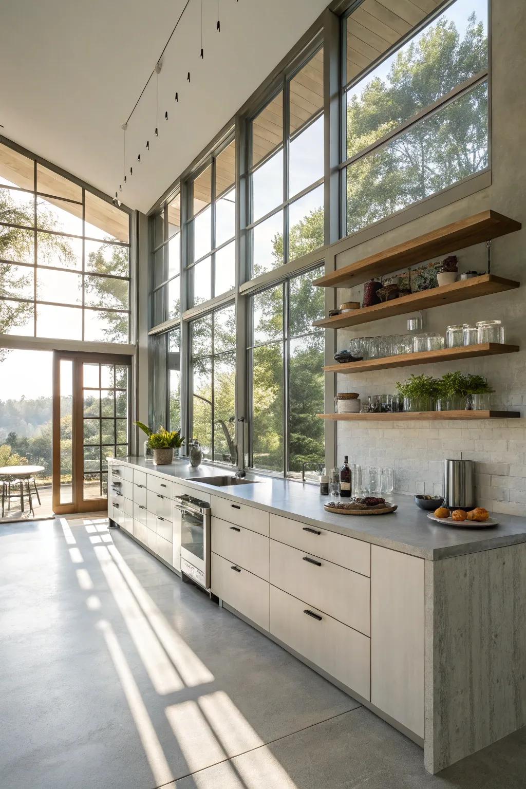 Large windows enhance modern kitchens with light and views.