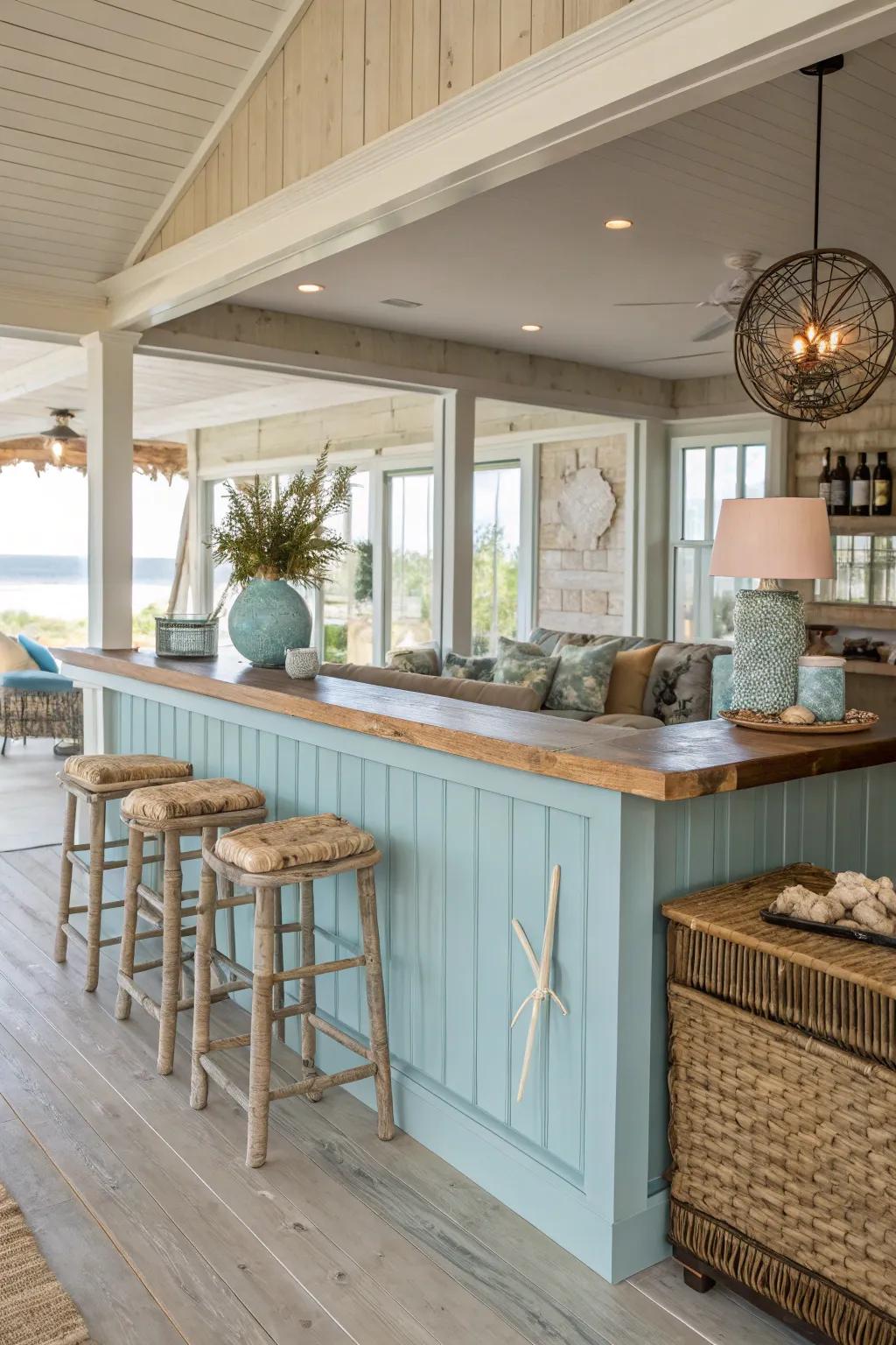 A beachside bliss L-shaped bar with calming sea-inspired elements.