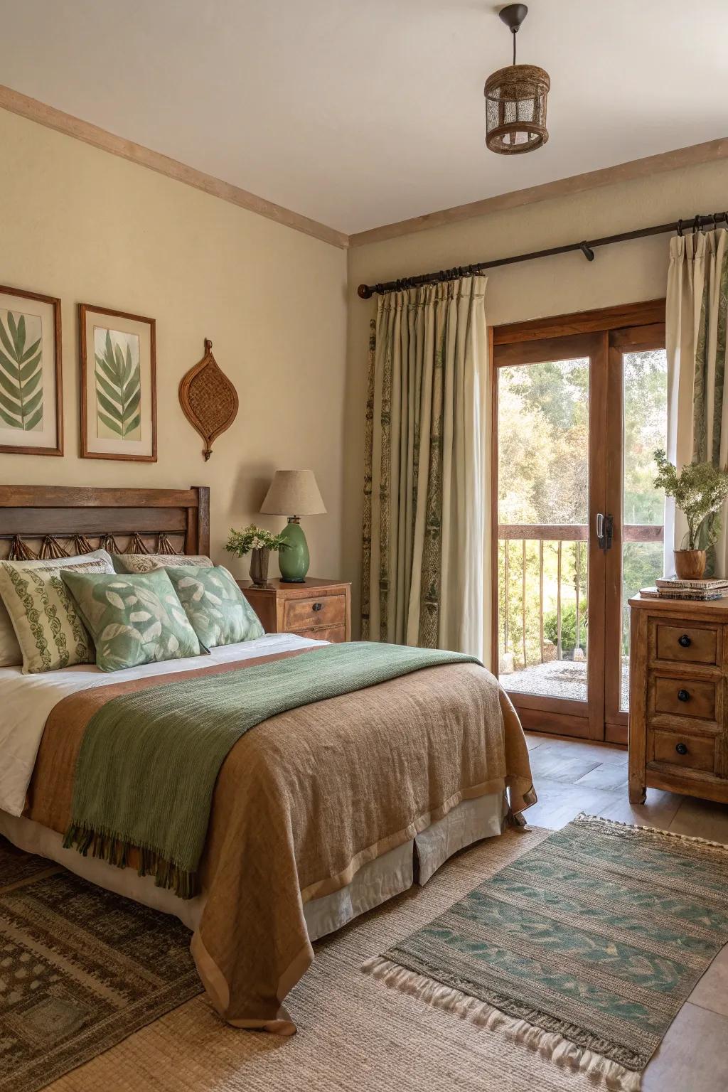 An earthy color palette creates a soothing atmosphere in a rustic bedroom.