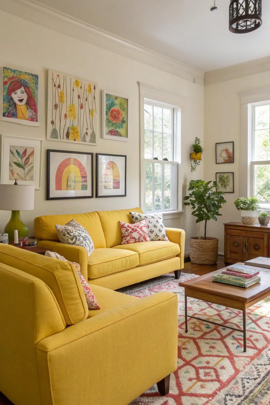 Bright yellow furniture and artwork bring energy and joy to the living room.