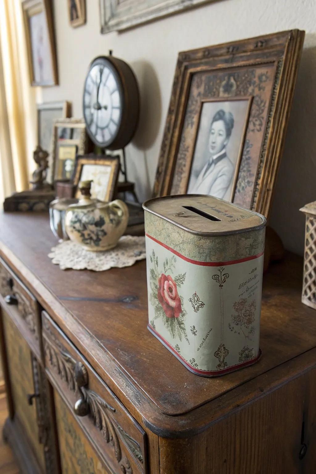 A vintage tin money box adds nostalgia to your gift.