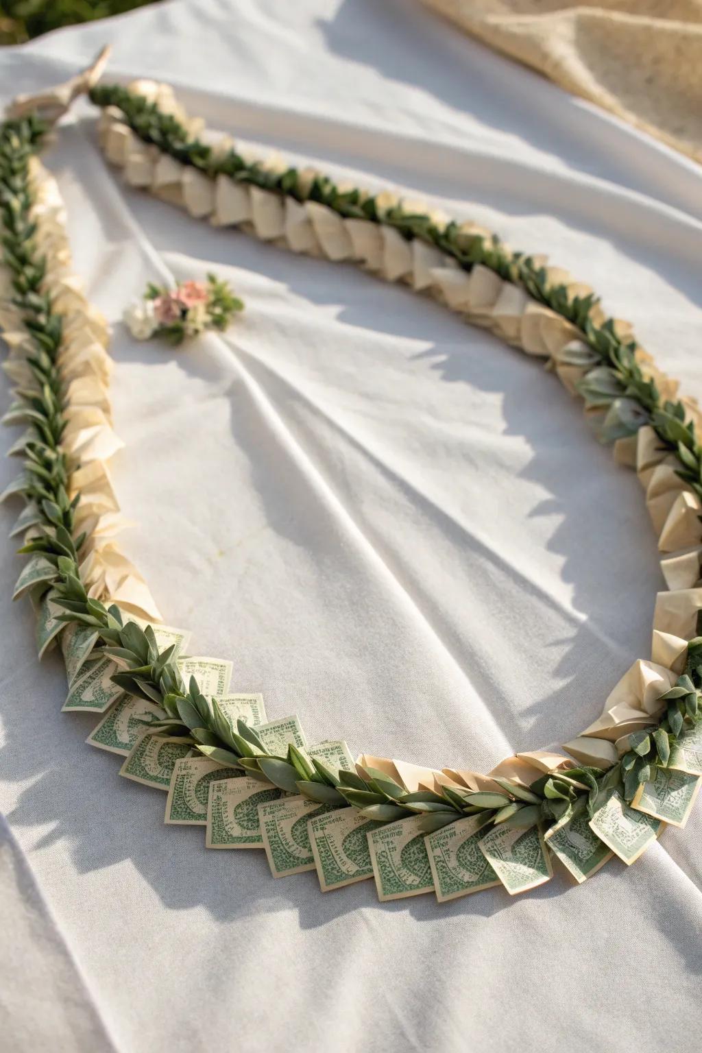 Celebrate heritage with a beautifully crafted cultural money lei, an elegant fusion of tradition and craftsmanship.