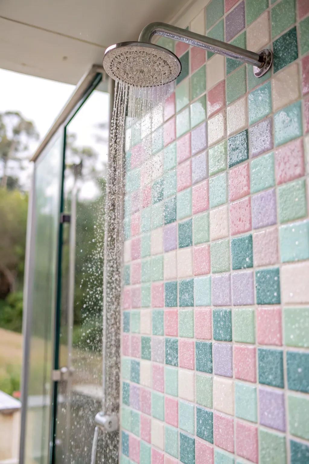 Pastel mosaics create a gentle and inviting shower ambiance.