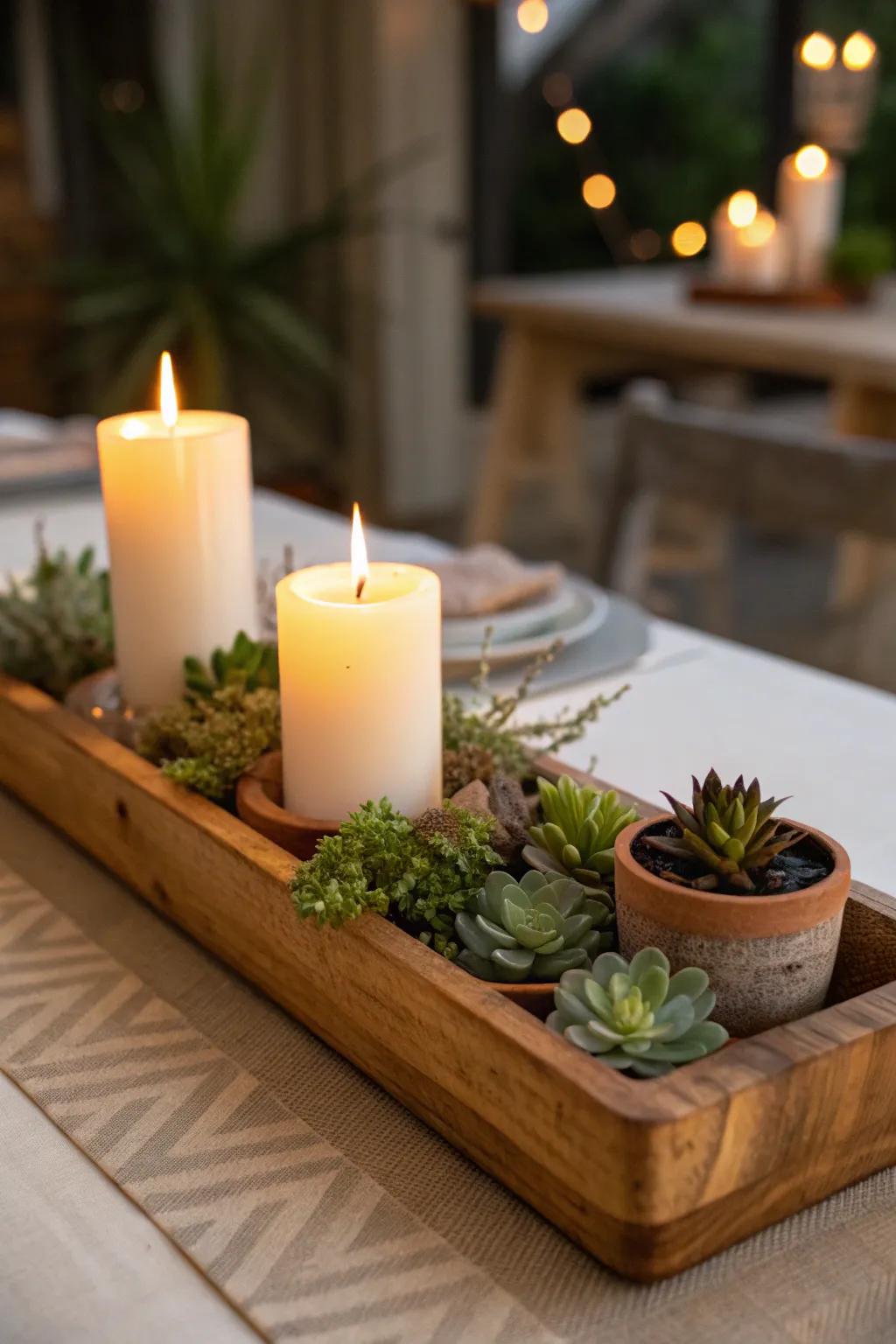 A crafted wooden tray centerpiece adds warmth and versatility to the table.