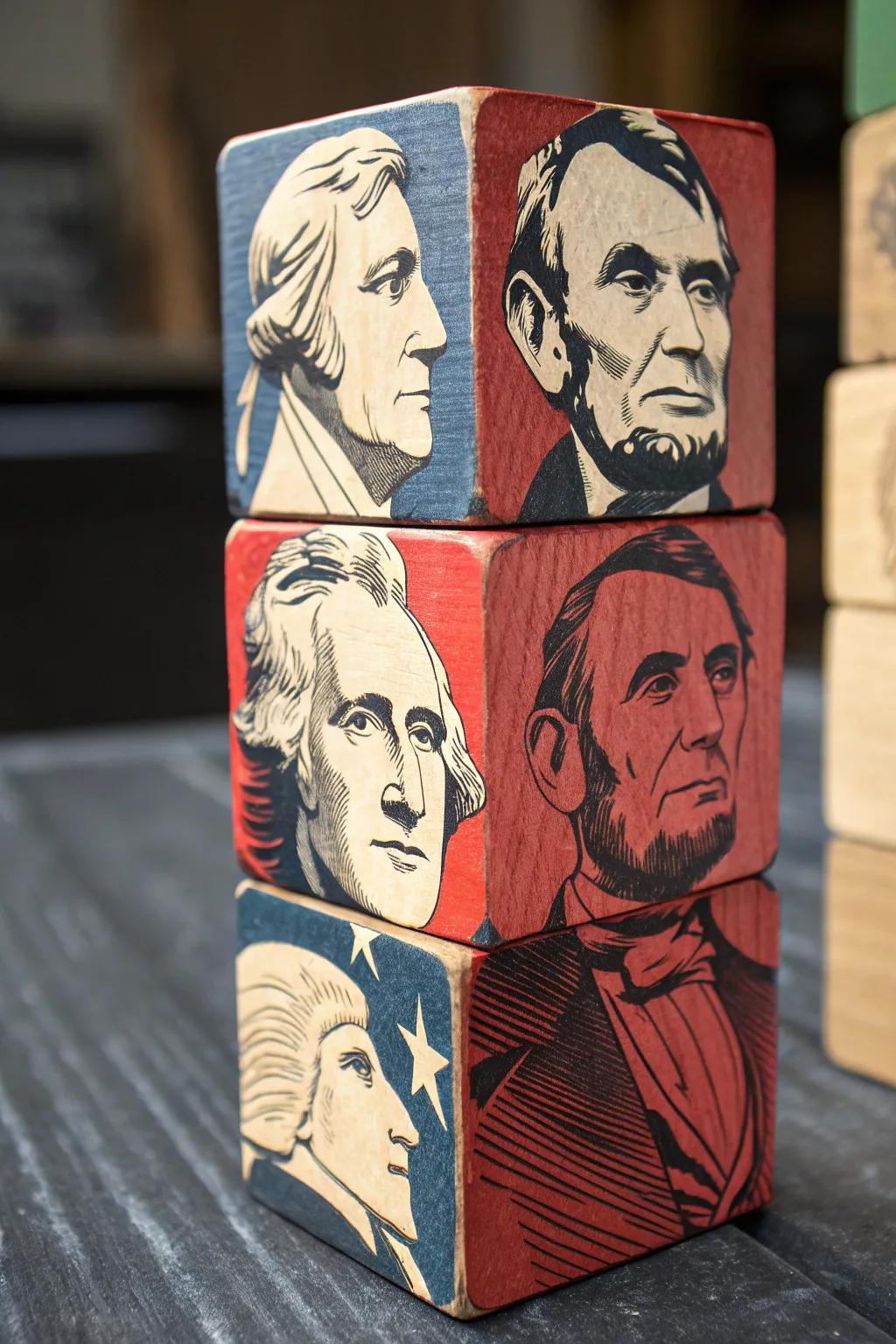 Elevate your craft: A bold and vibrant take on Mount Rushmore with hand-painted wooden blocks.