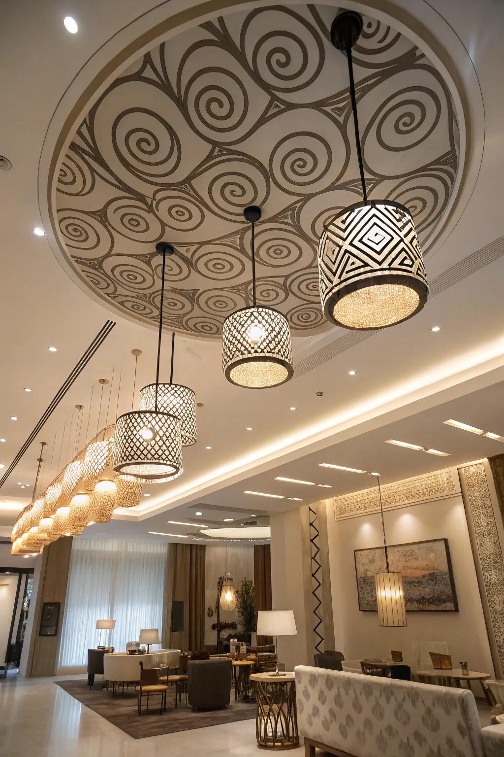 Dynamic ceiling installations draw the eye upwards with intrigue.