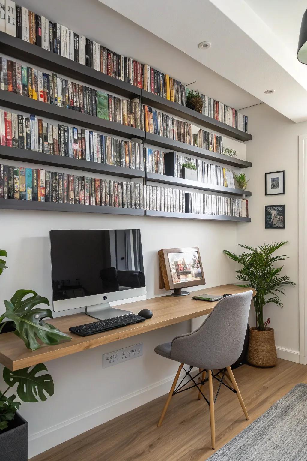 Floating shelves providing a minimalist display for DVDs in a home office.