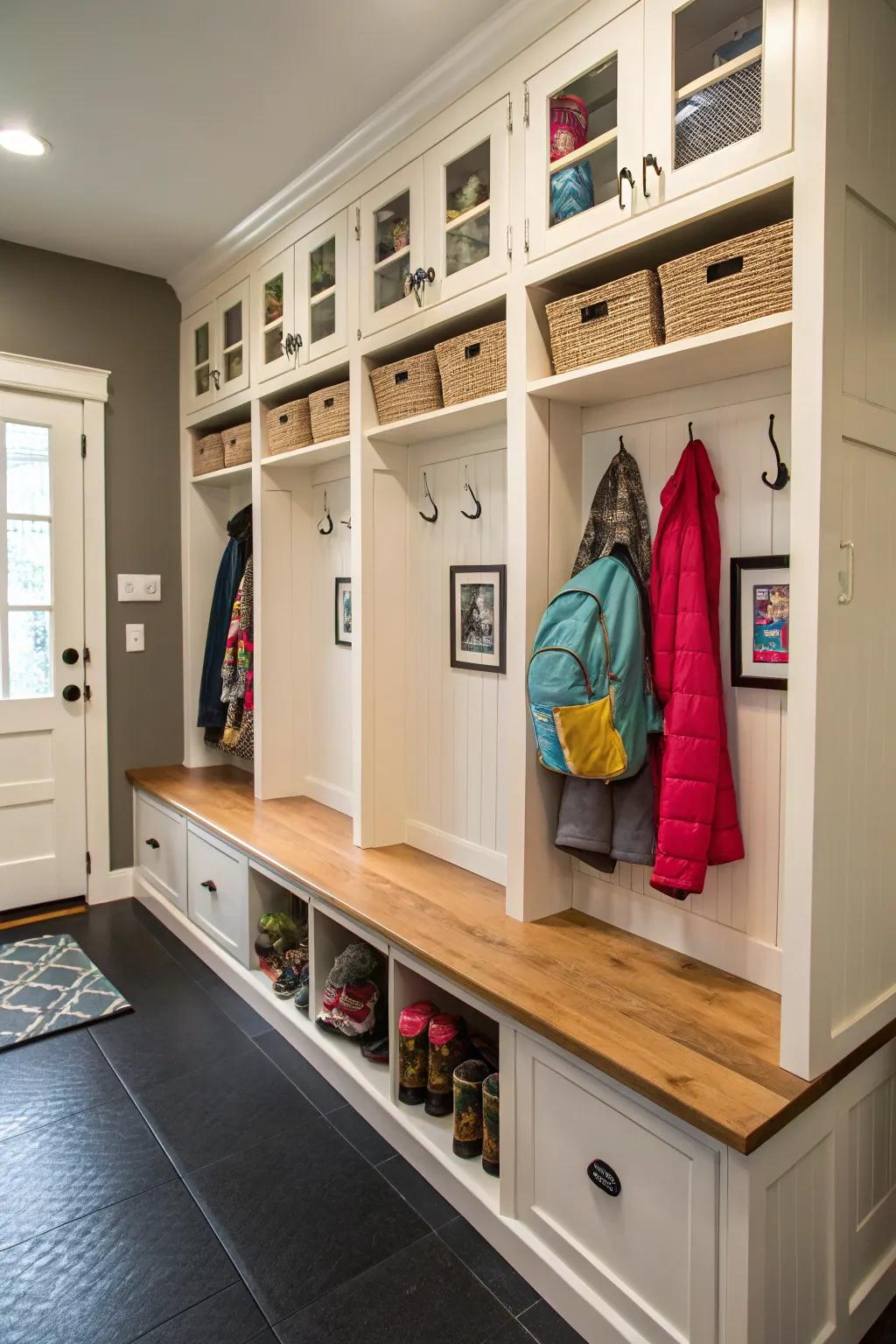 Benches with built-in lockers provide organized storage for families.