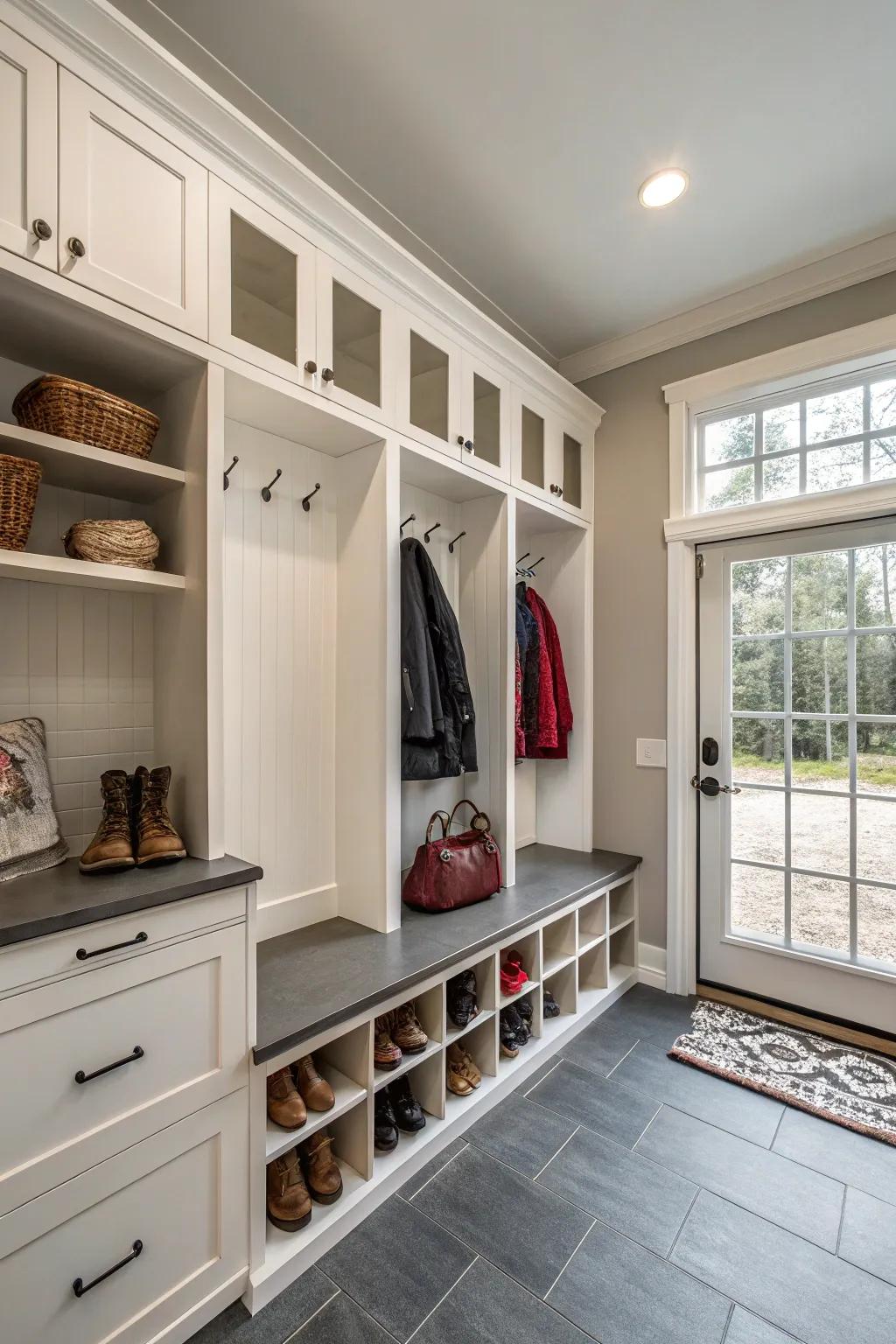 Built-in storage solutions enhance both the functionality and aesthetics of your mudroom.