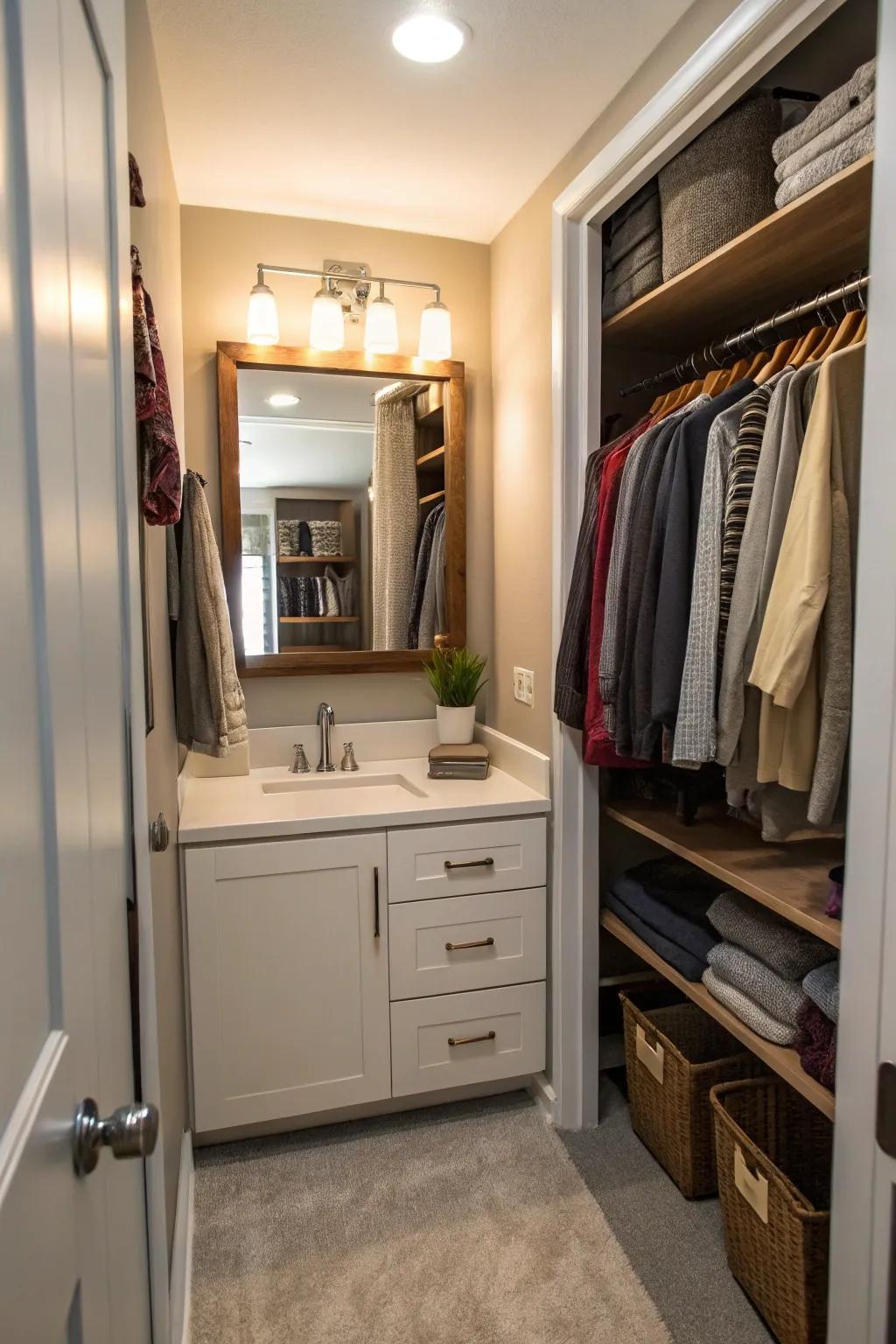 A small vanity adds a touch of luxury to narrow closets.