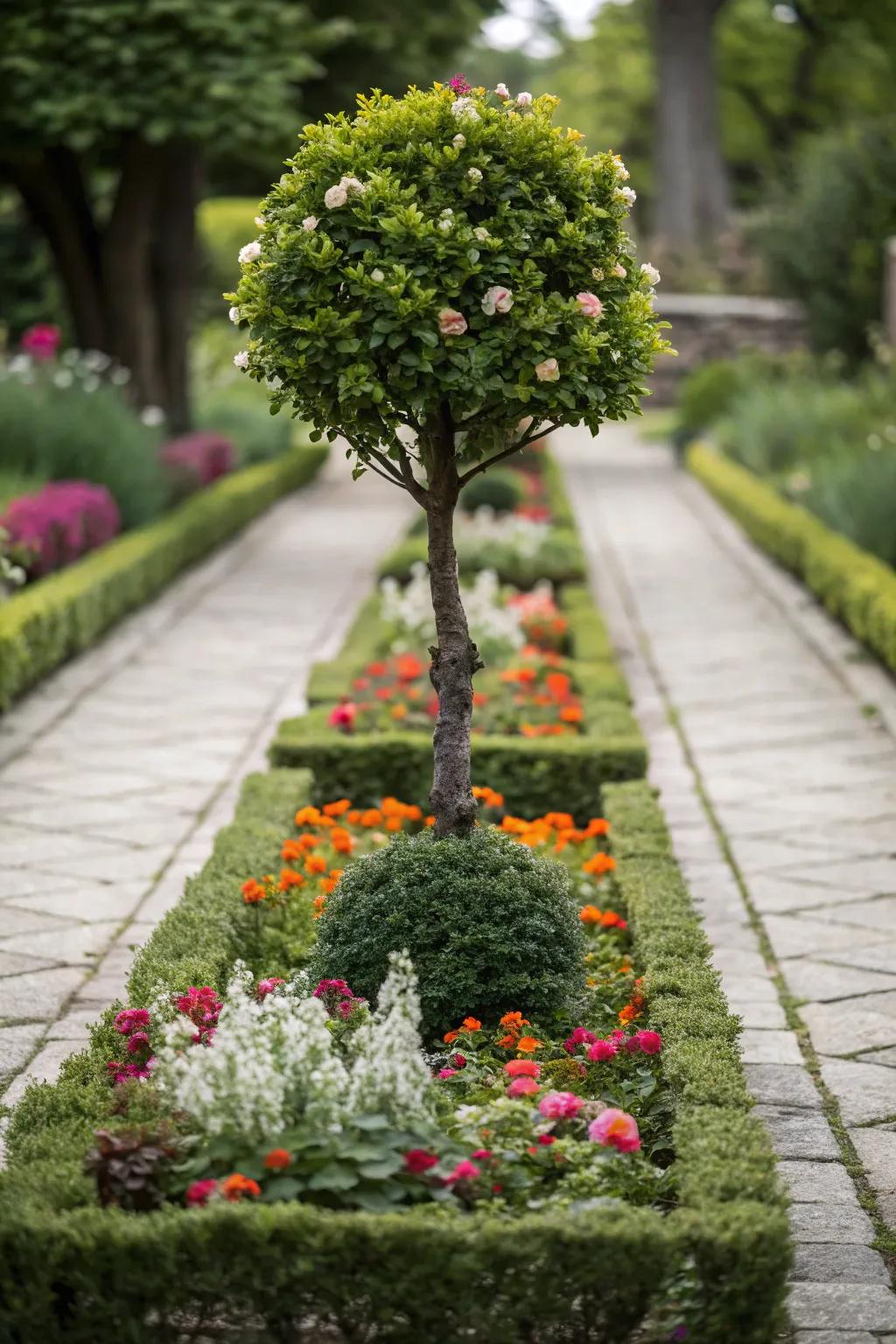 A focal point plant adds drama and character to narrow flower beds.