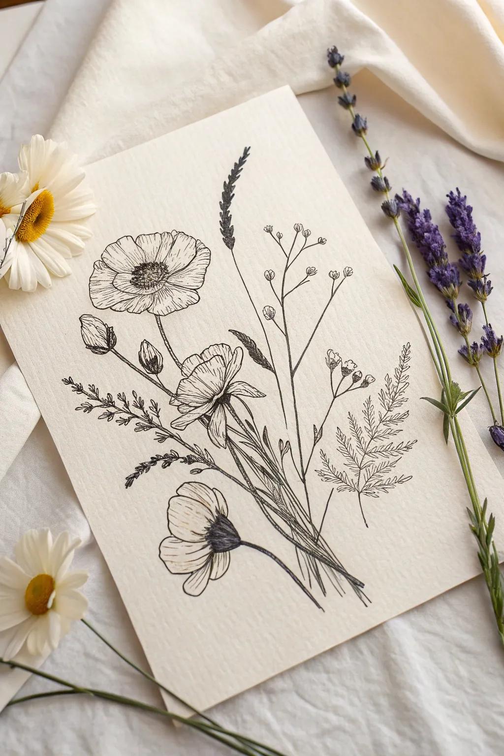 Capture the essence of nature with a minimalist wildflower sketch, a perfect blend of simplicity and bohemian elegance.
