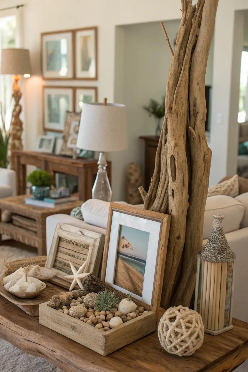 Driftwood decor brings natural beauty and texture to your living room.