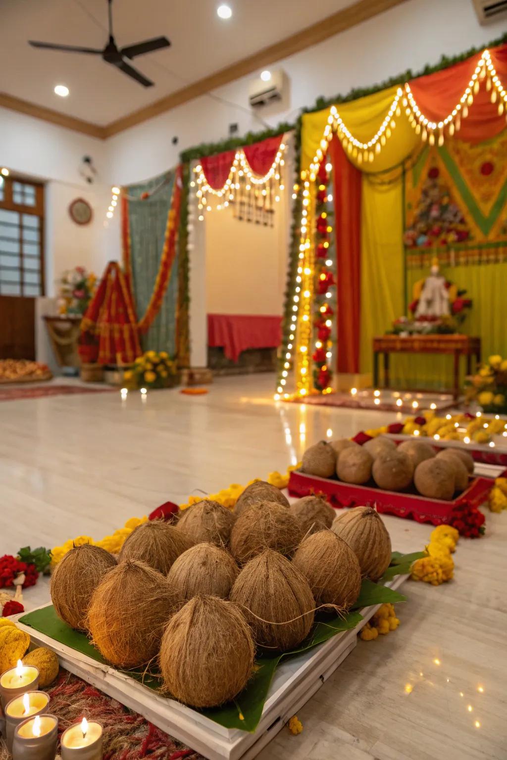 A Pooja room featuring artistically decorated coconuts for Navratri.