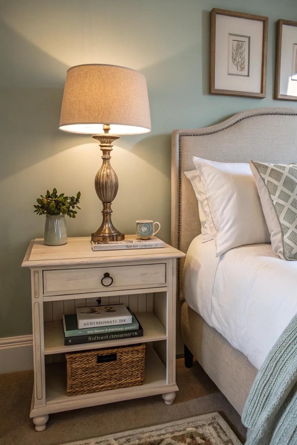 A simple side table repurposed as a nightstand, adding elegance to the bedroom.