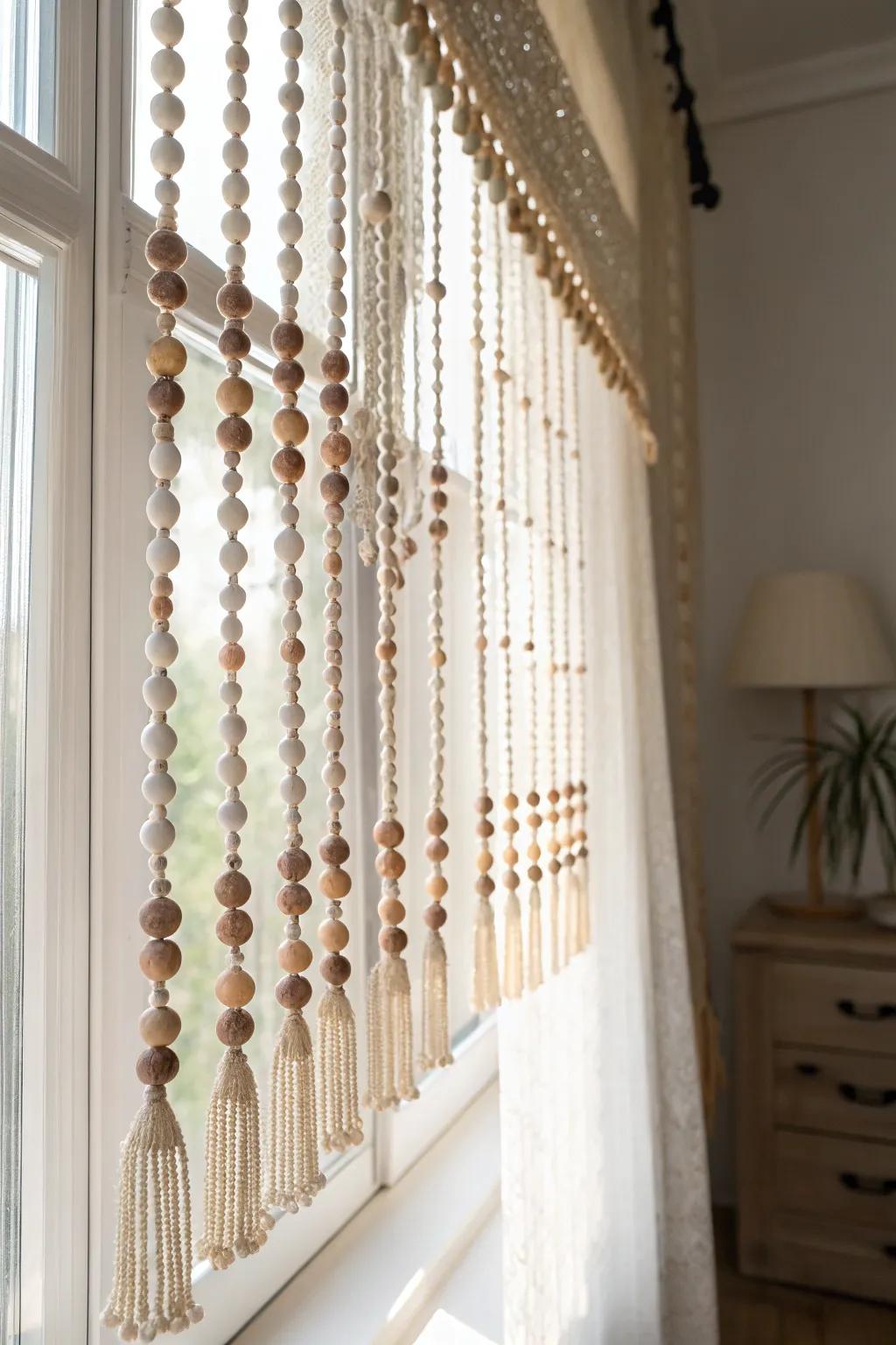 Elevate your window style with a bohemian beaded valance, where natural beauty meets minimalist charm.