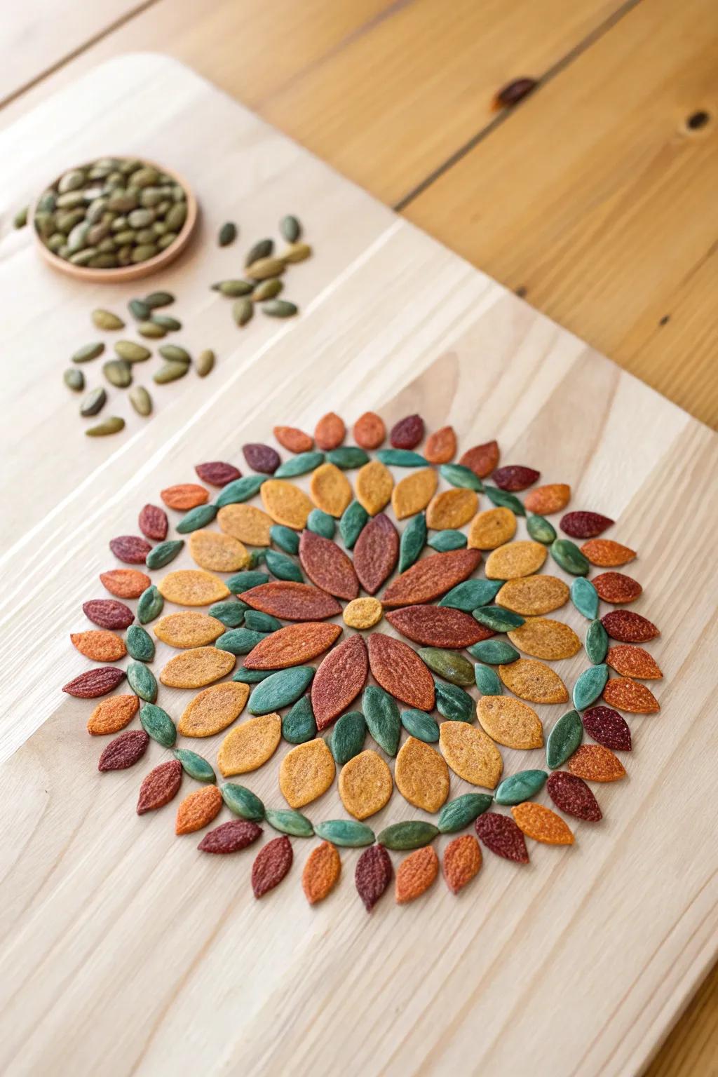 Crafting autumn magic with vibrant pumpkin seed mosaics 🍂✨