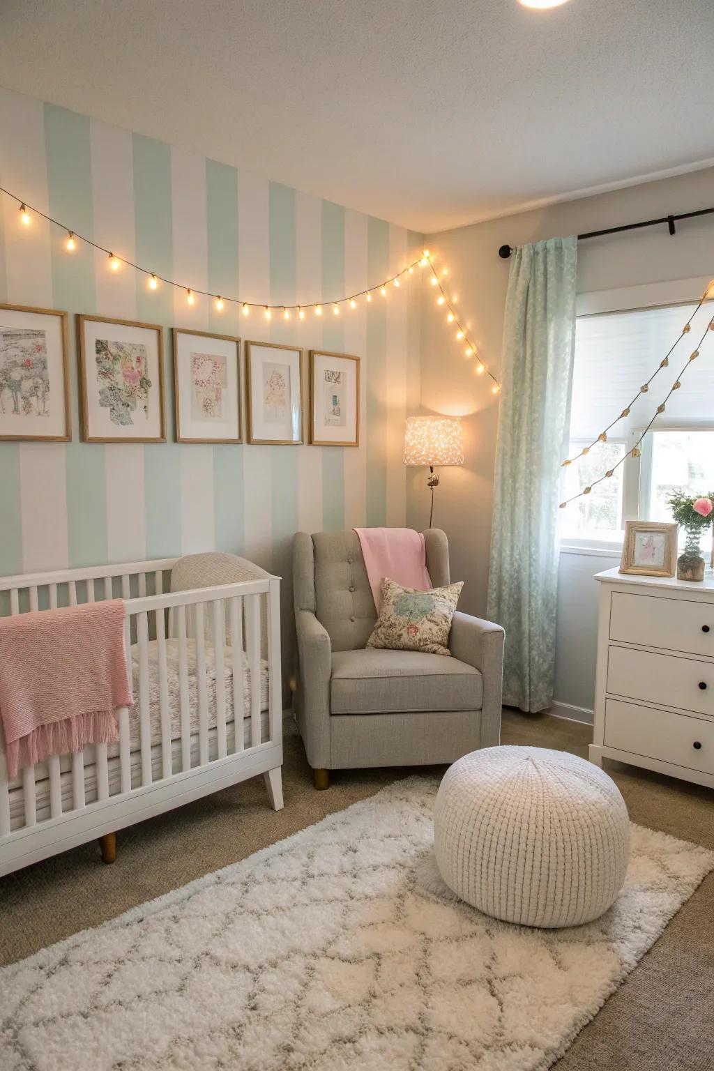 An elegant nursery with a subtle stripe accent wall adding visual interest.