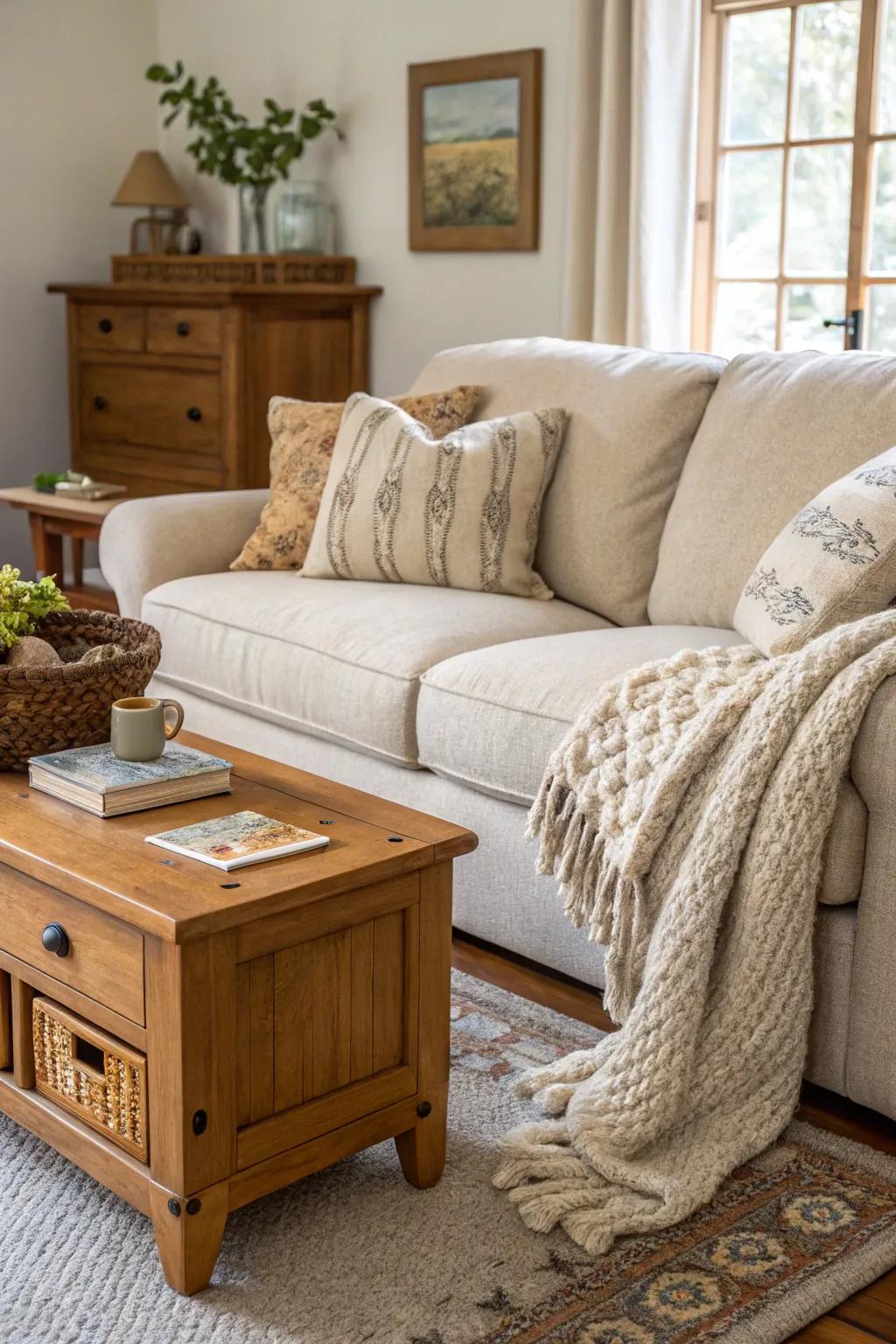 Warm wood tones create a cozy atmosphere around an oatmeal sofa.