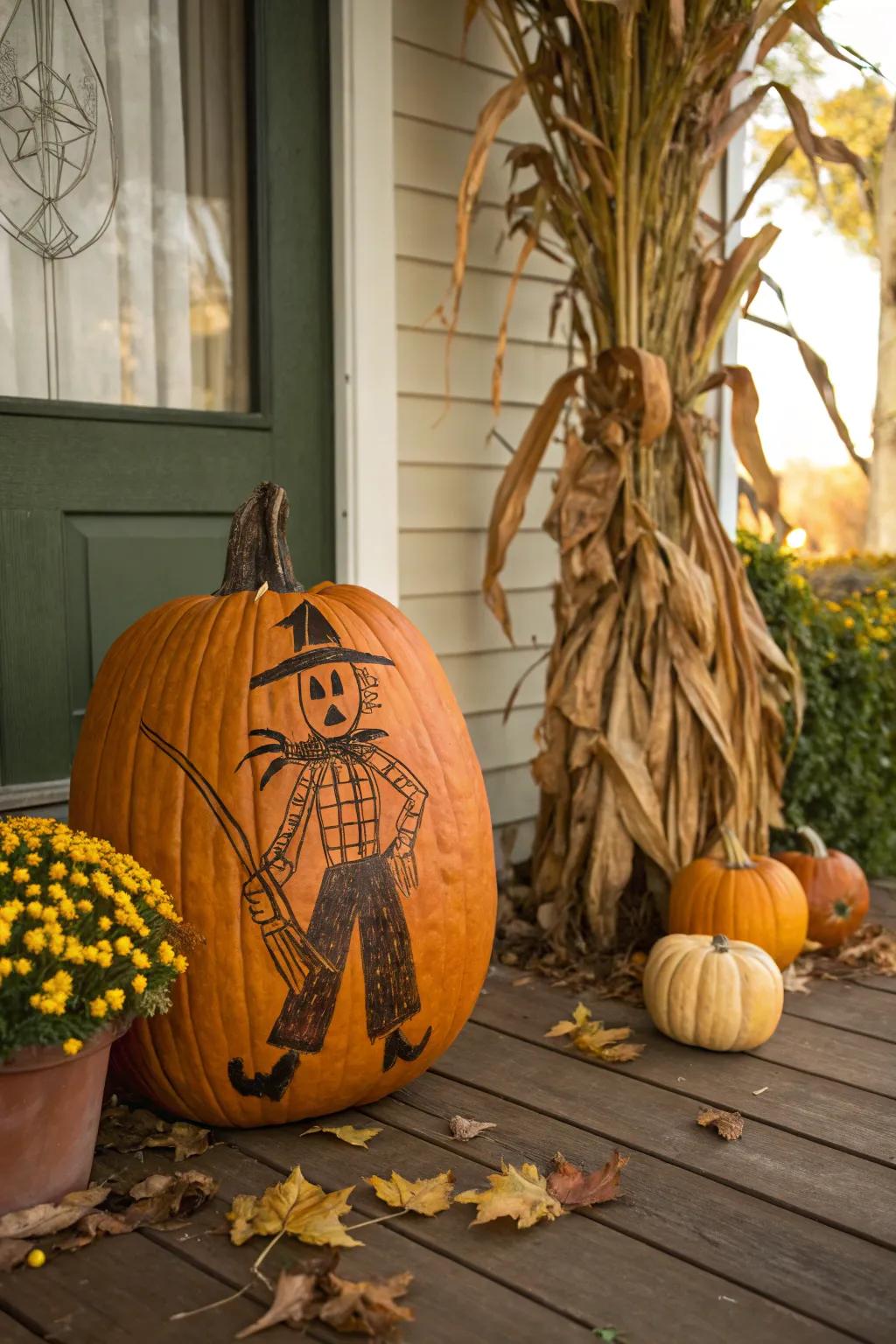 A whimsical scarecrow carving, perfect for adding a harvest touch to your decor.