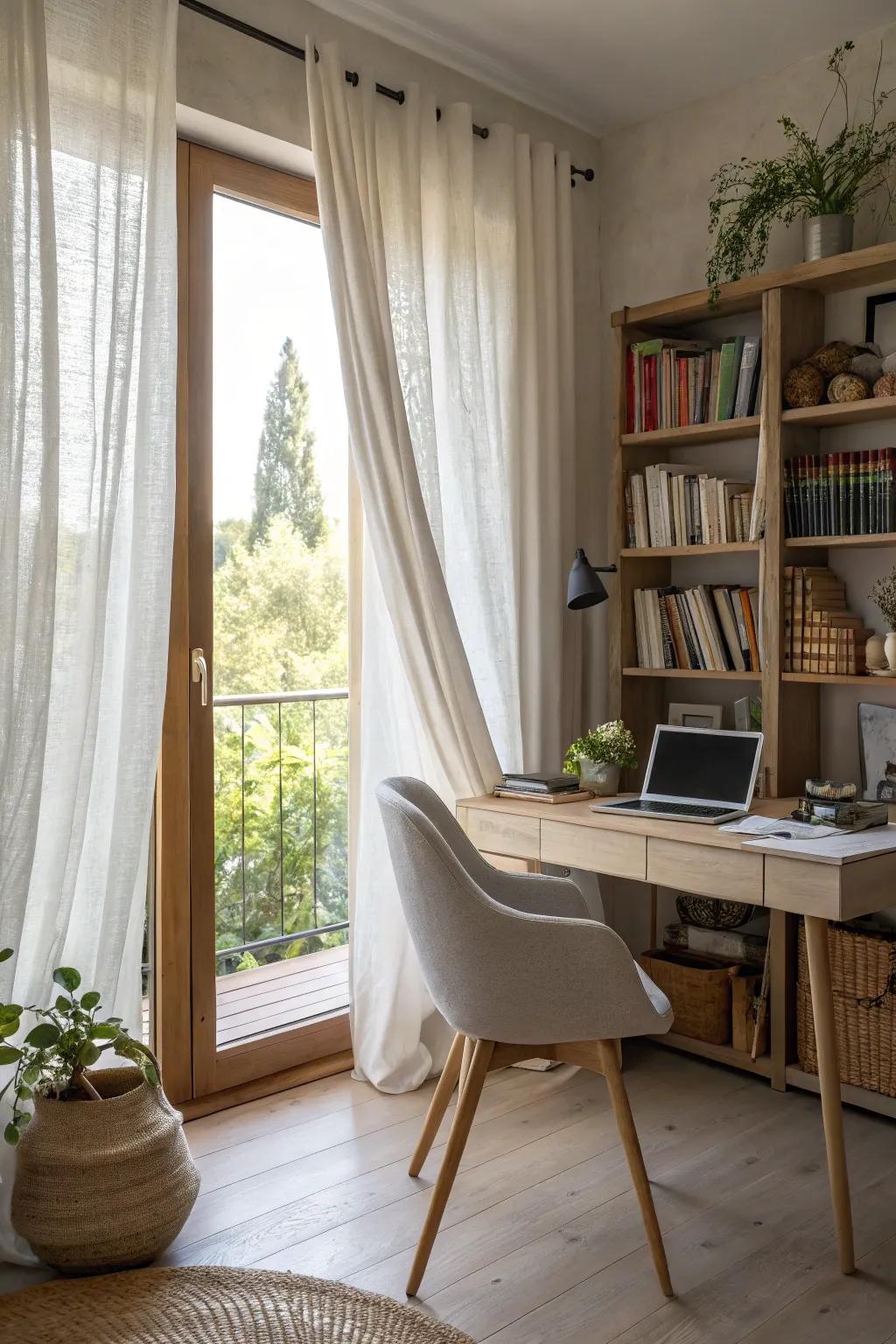 Linen curtains provide a light and airy atmosphere in the office.