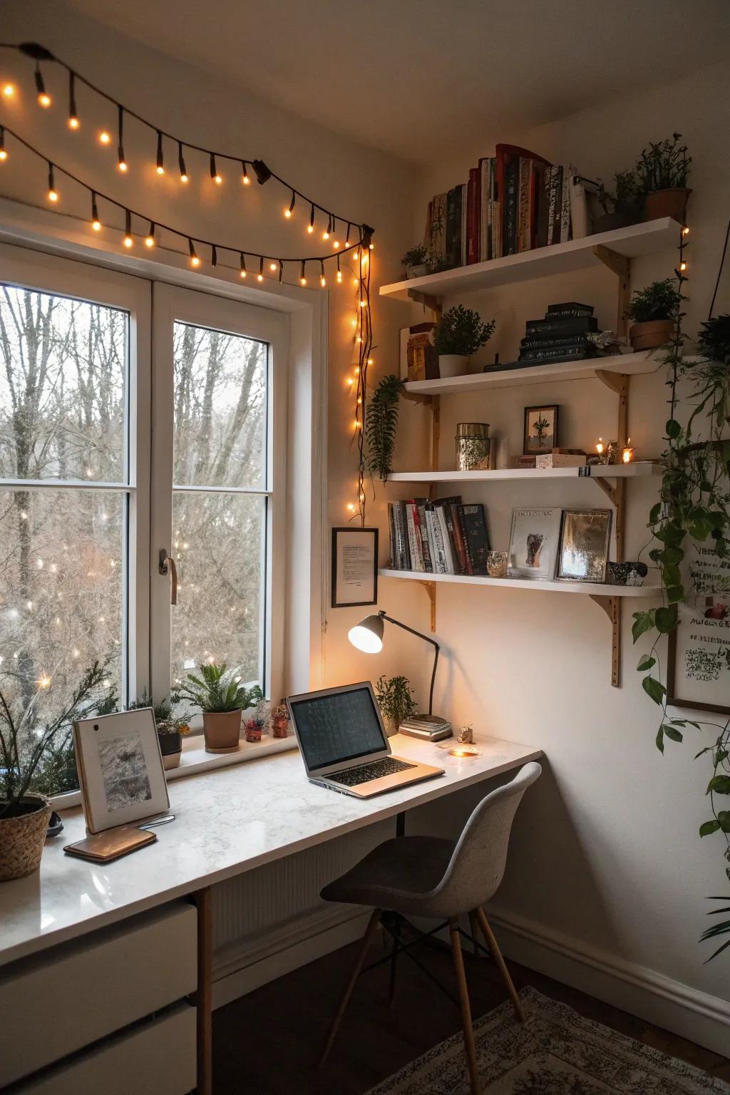 String lights create a whimsical and cozy ambiance.