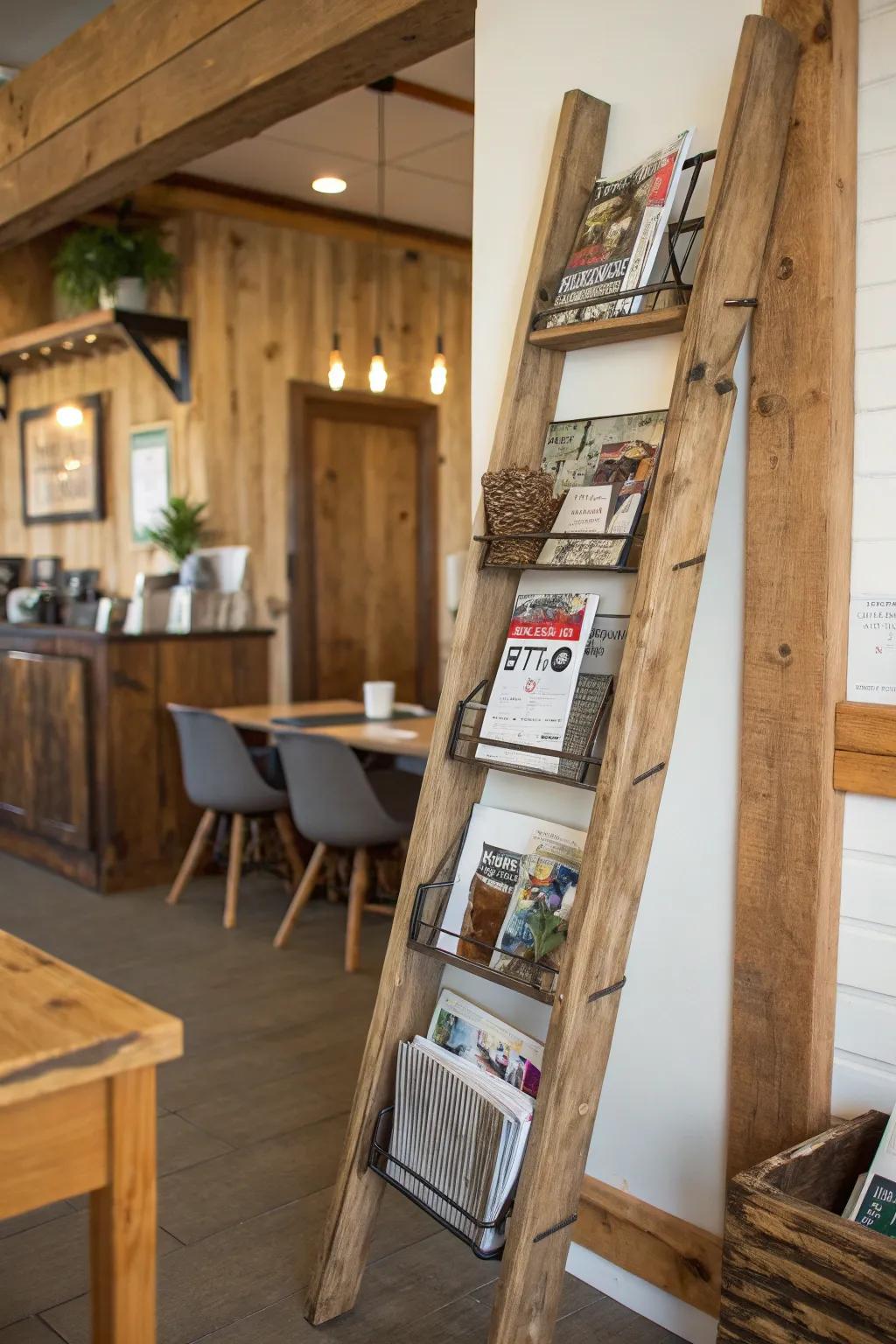 A repurposed ladder adds rustic charm and vertical storage.