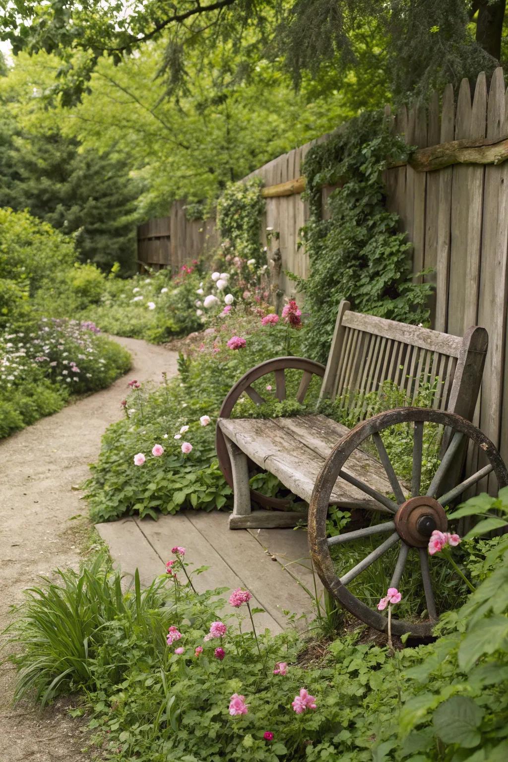 A wagon wheel bench combines comfort with rustic charm.