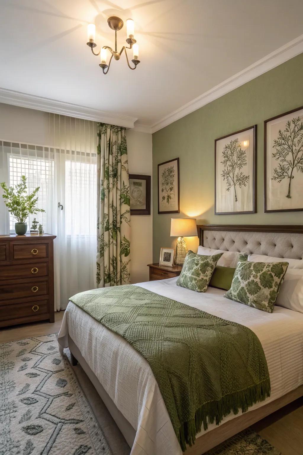 Olive green artwork ties the room together with cohesive elegance.