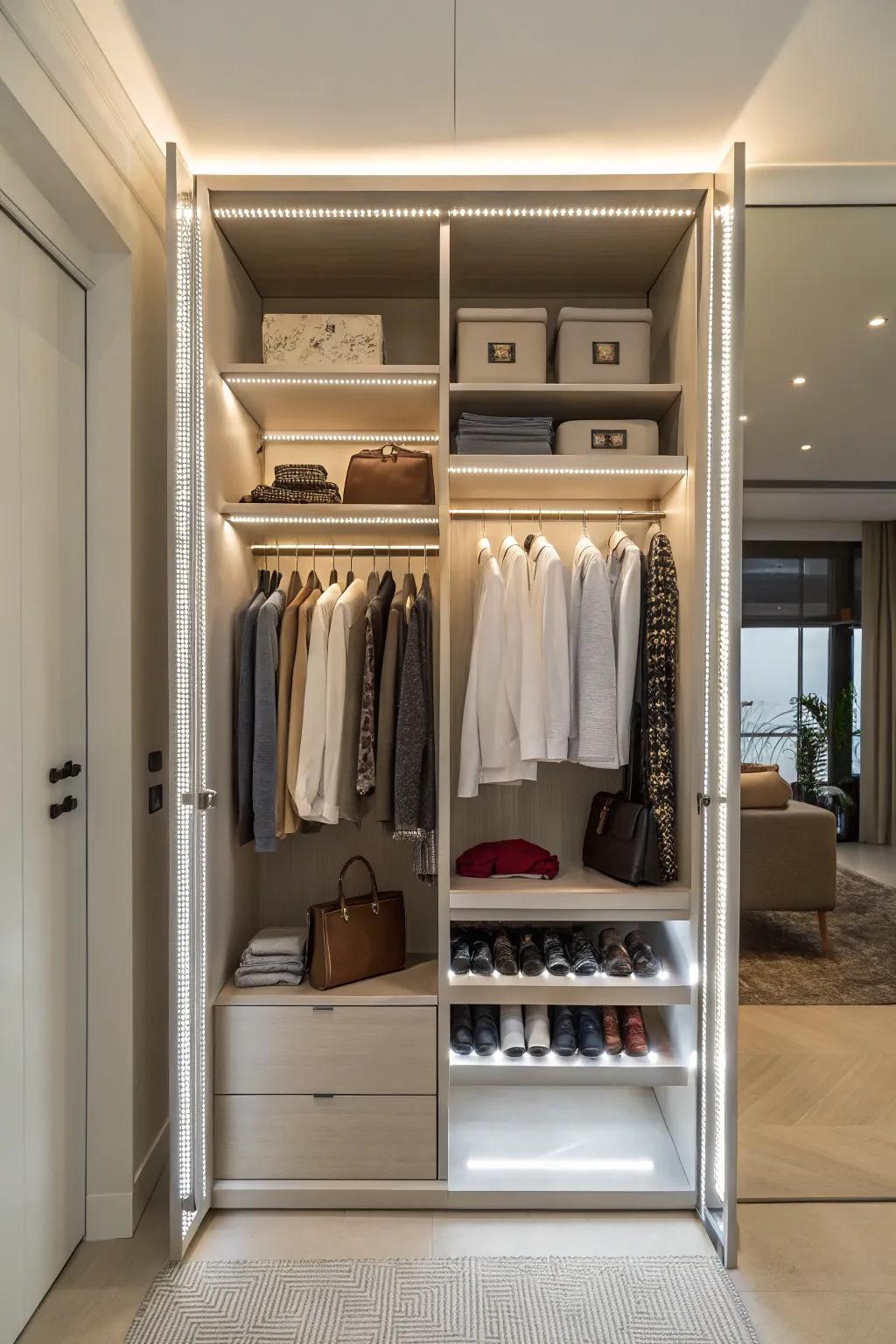 Backlighting enhancing the features of an open closet.