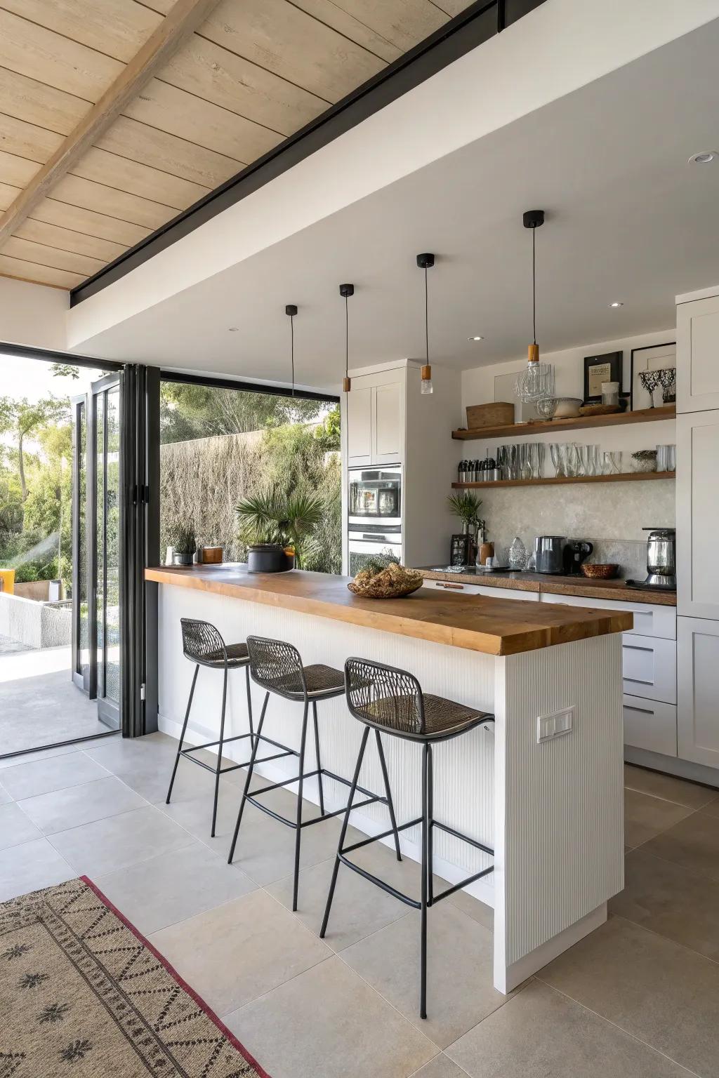 Minimalist kitchen bar enhancing flow.