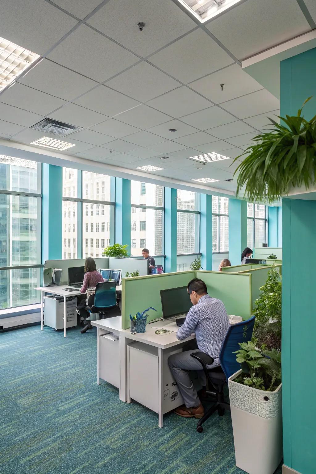 Color psychology at play in an open office design.