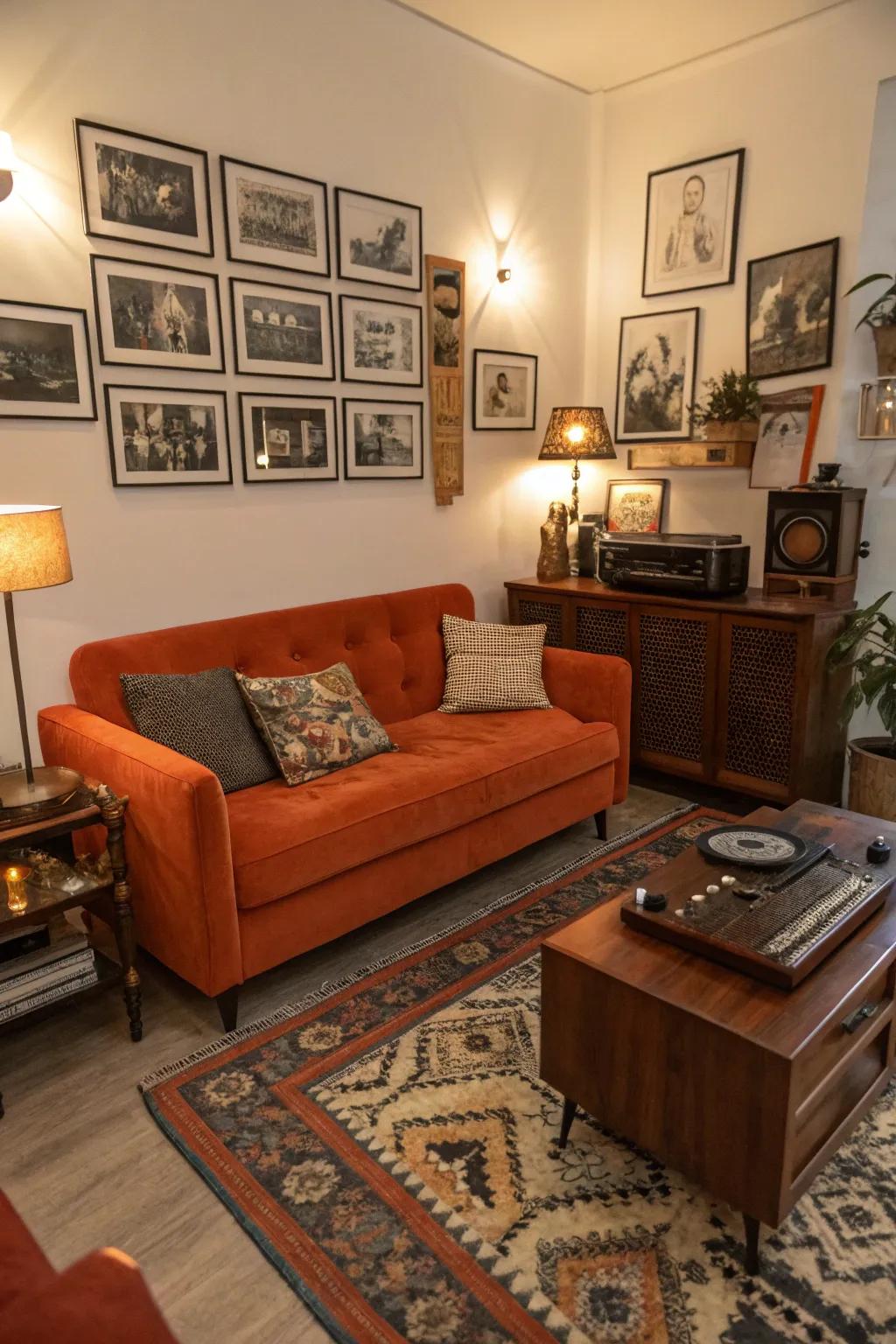 A charming vintage-inspired living room where an orange couch adds a nostalgic touch.