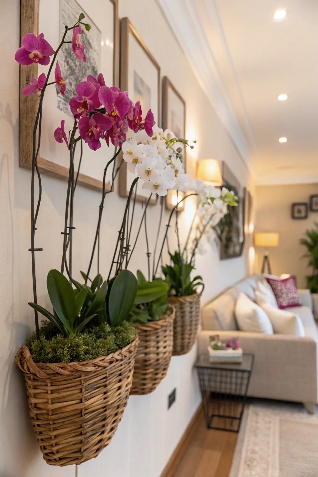 A living room wall transformed into an orchid display with hanging baskets.