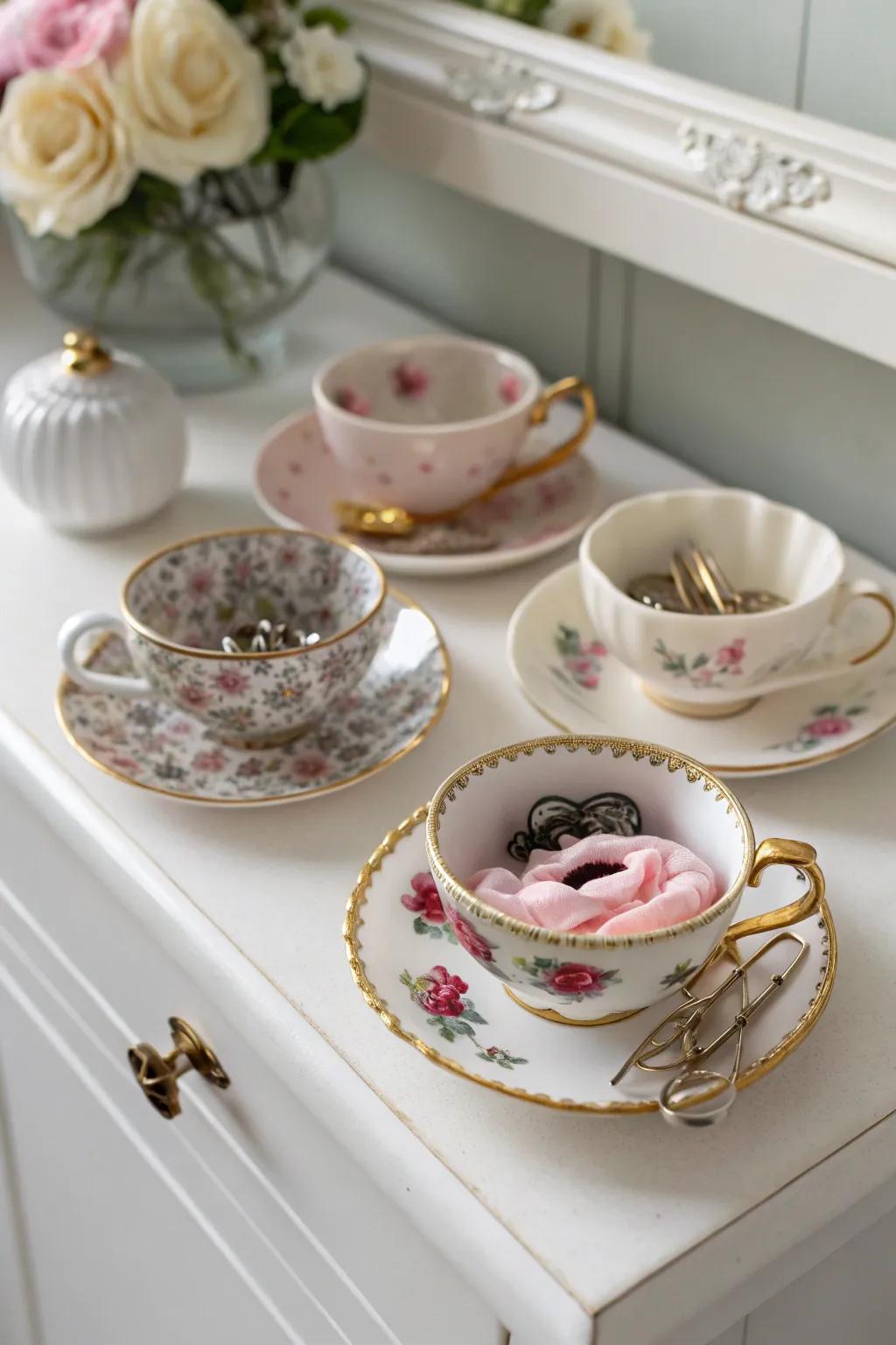 Transform your vanity with charming teacup storage—where elegance meets organization.