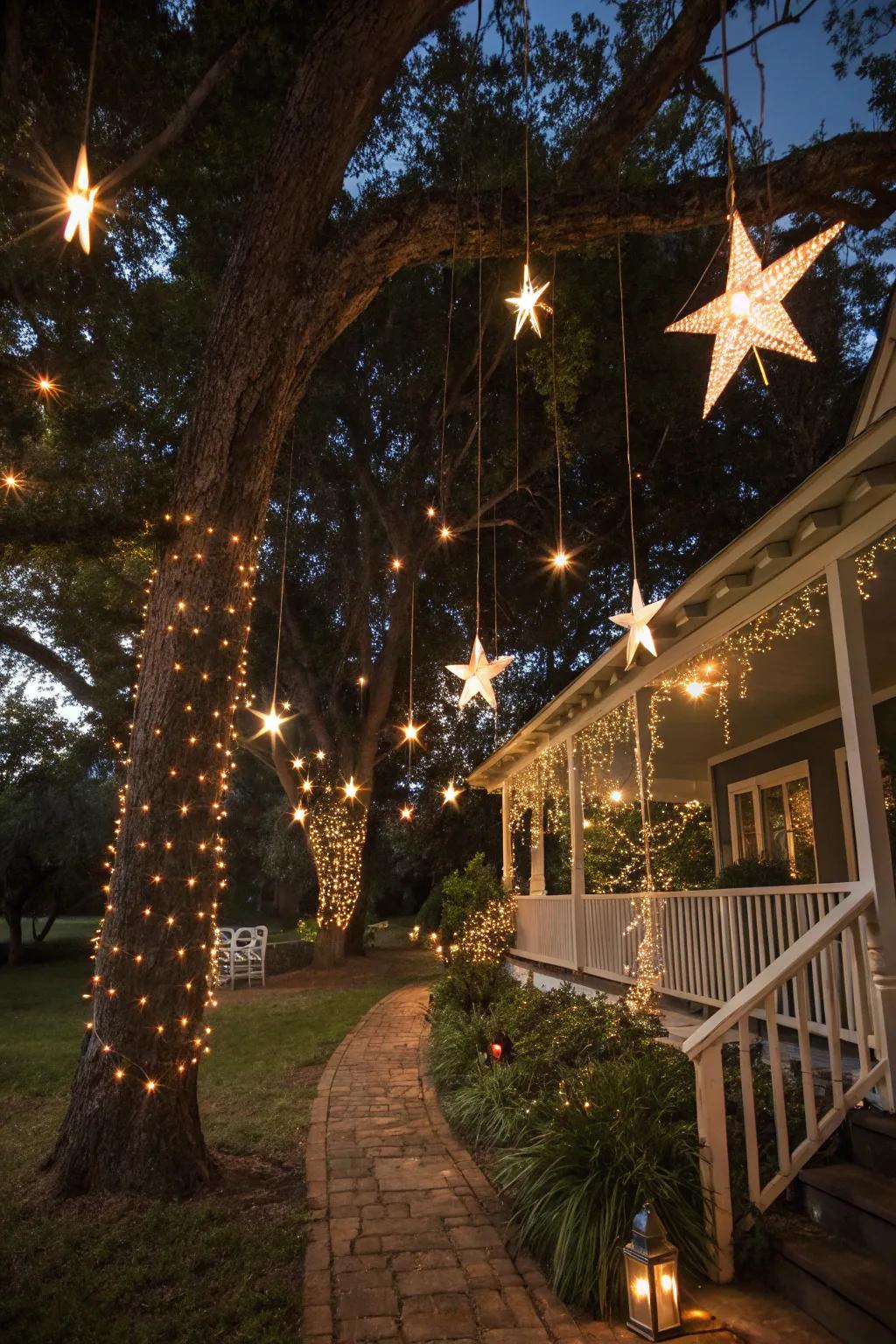 Hanging star lights add a celestial charm, transforming the outdoor space into a starry wonderland.