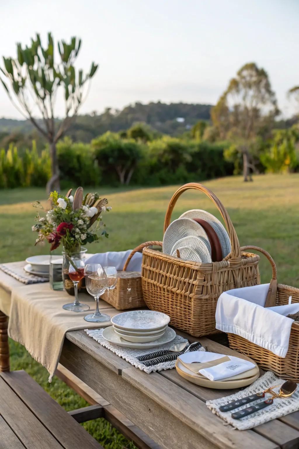 Wicker baskets provide stylish storage for picnic table essentials.