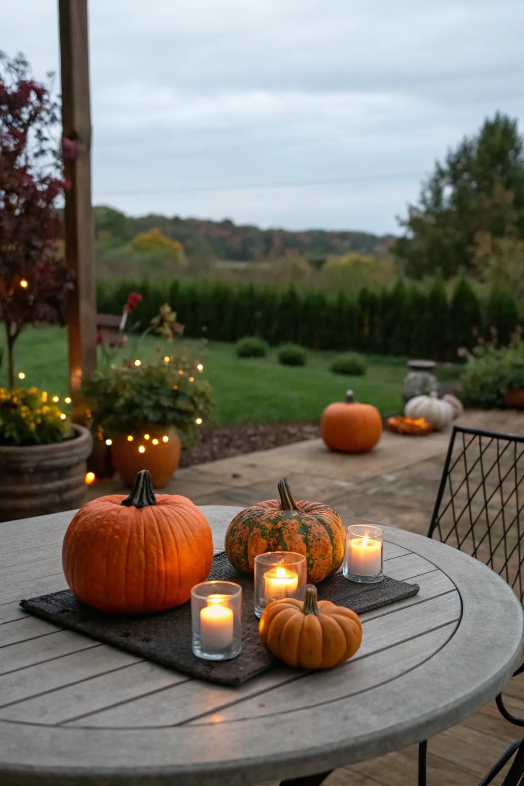 Pumpkin candle holders create a warm, inviting glow.