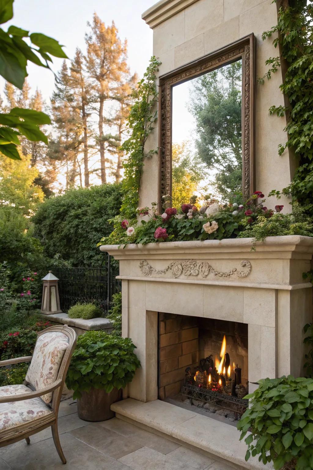 A mirror reflecting the garden, adding elegance to the fireplace.