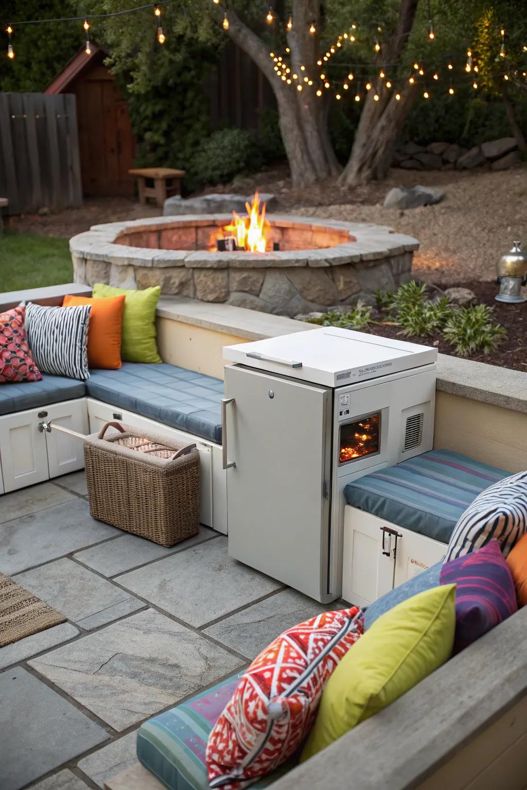 Integrated seating around a fridge creates a welcoming hangout spot.