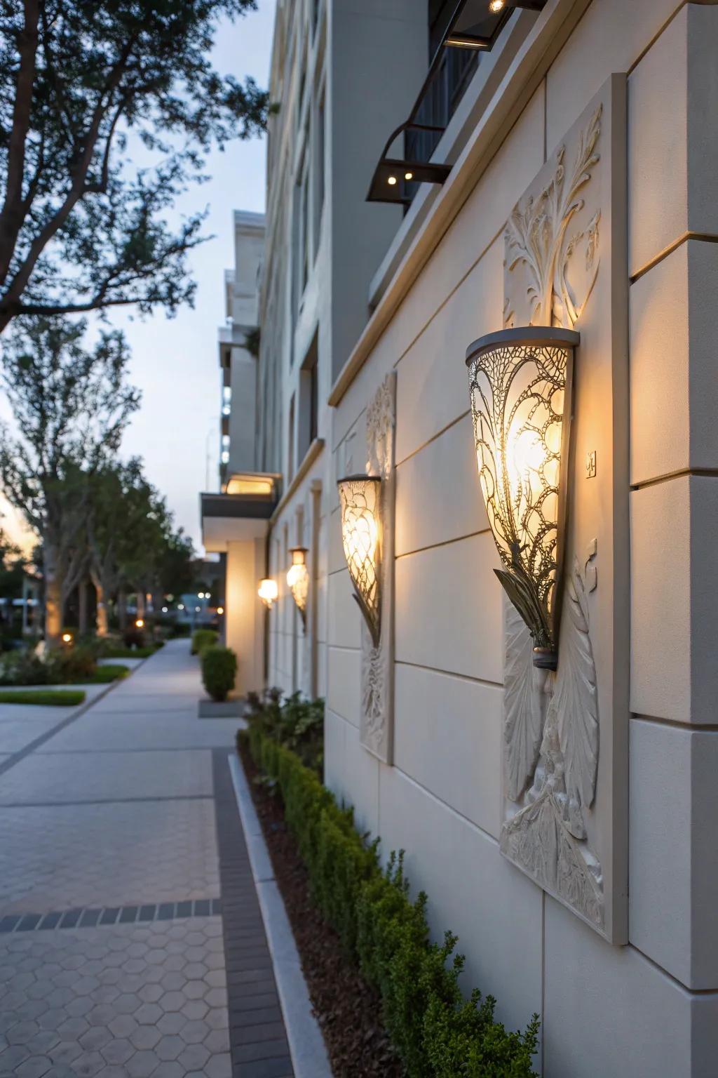 Sculptural sconces serve as both lighting and art.